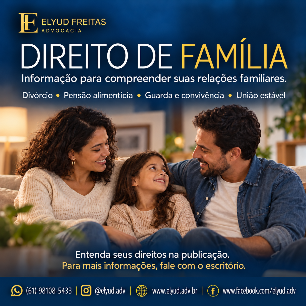 Direito de Família, casamento, união estável, divórcio, partilha de bens, pensão alimentícia, guarda, convivência familiar, reconhecimento de paternidade, curatela